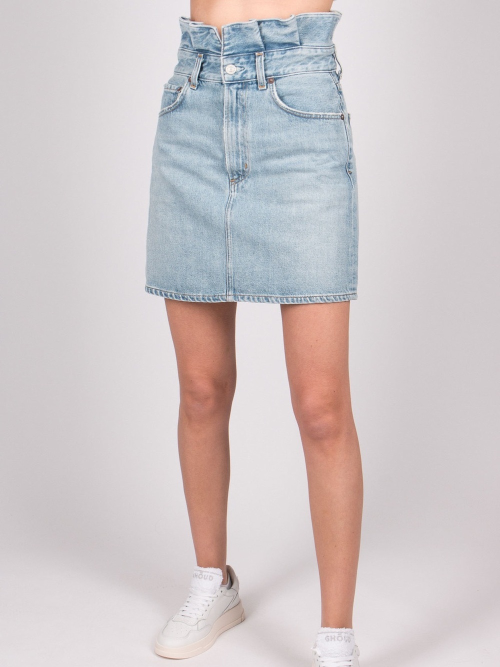 NWT Agolde Washed Light Blue Denim Lettuce Waist Mini Skirt